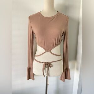 DUCIE LONDON‎ Waist Tied Crop Top Bell Sleeve Brown Sexy  $298